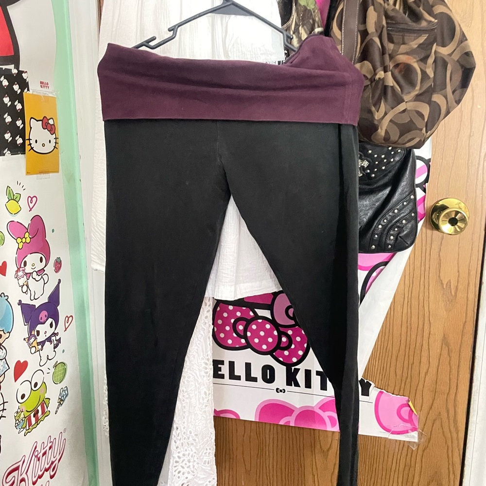 Girls' Fold-Over Waist Leggings in Black with Plum Waist
